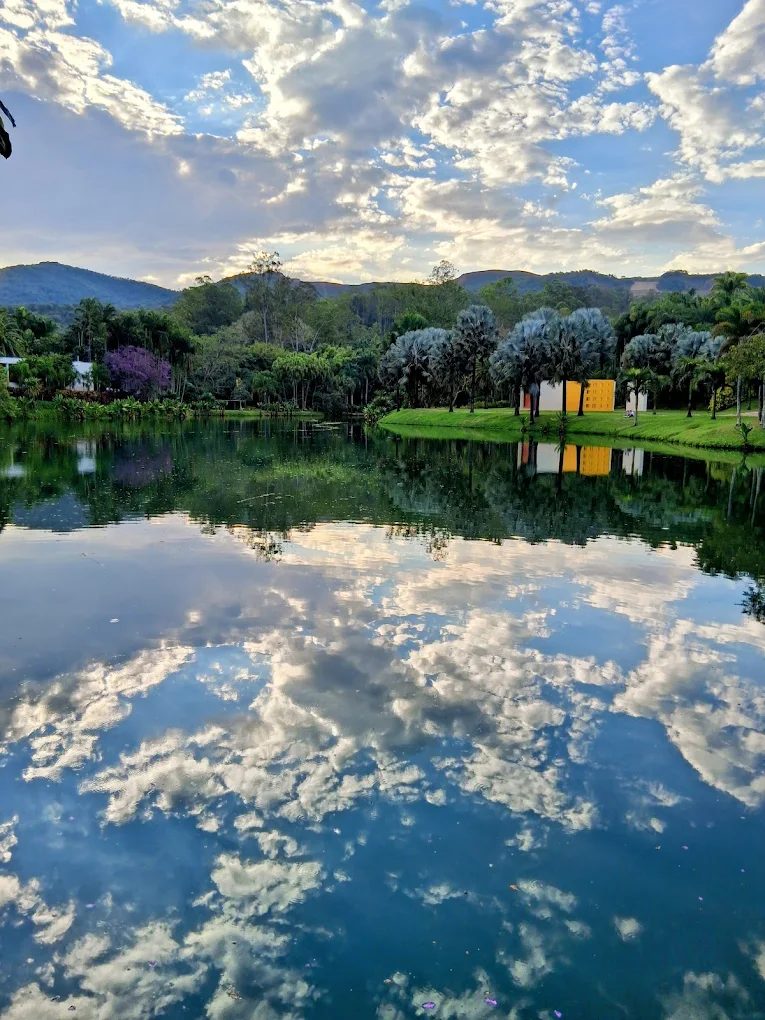 O lago do Inhotim ao fim da tarde, com as nuvens e as palmeiras refletidas na água parada e as montanhas ao fundo